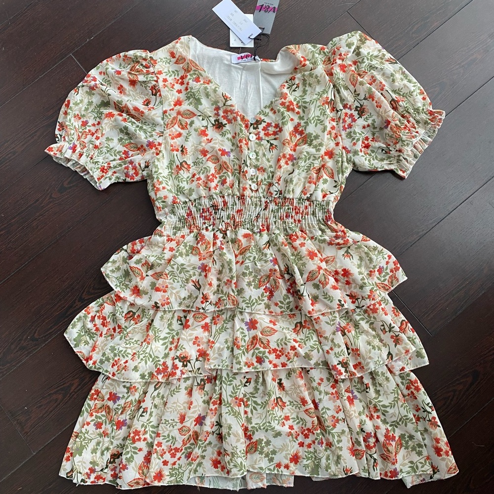 V&L Coral Floral Ruffle Dress